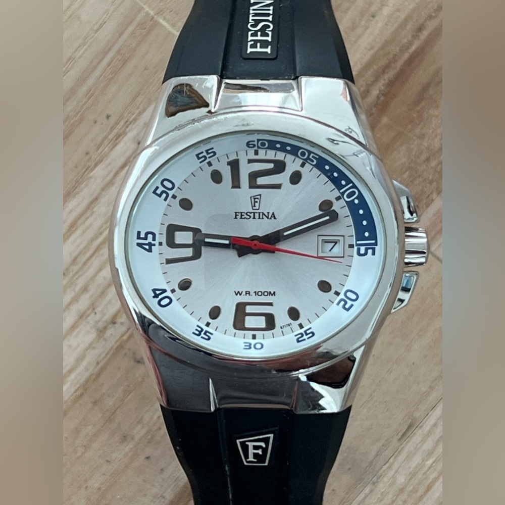 Festina Men’s Watch Oval Stainless Dial Date Window Black Poly Strap